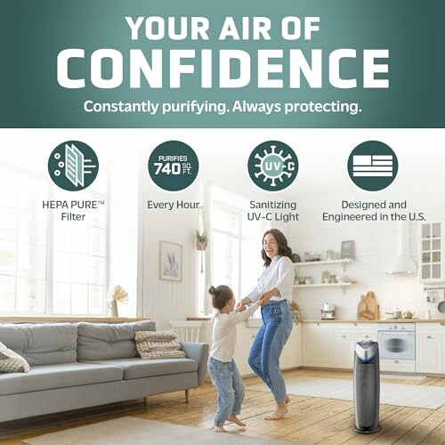 Advertisement highlighting air purifier features with a woman and child dancing in a living room.