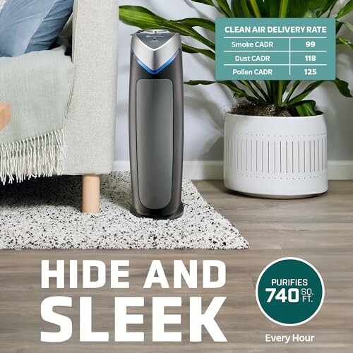 Modern air purifier with clean air delivery rates for smoke, dust, and pollen.