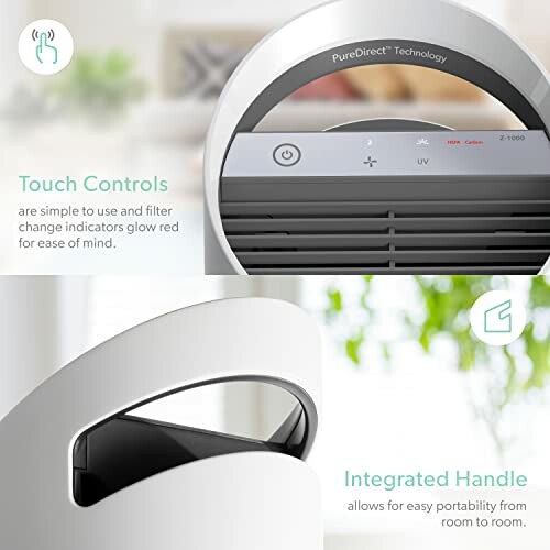 Air purifier with touch controls and integrated handle.