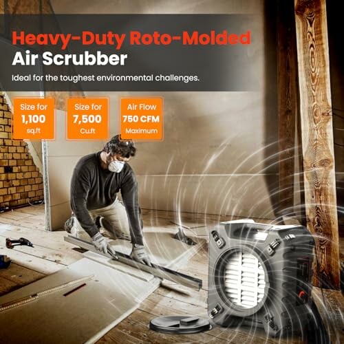 Man using a heavy-duty air scrubber in a construction setting.